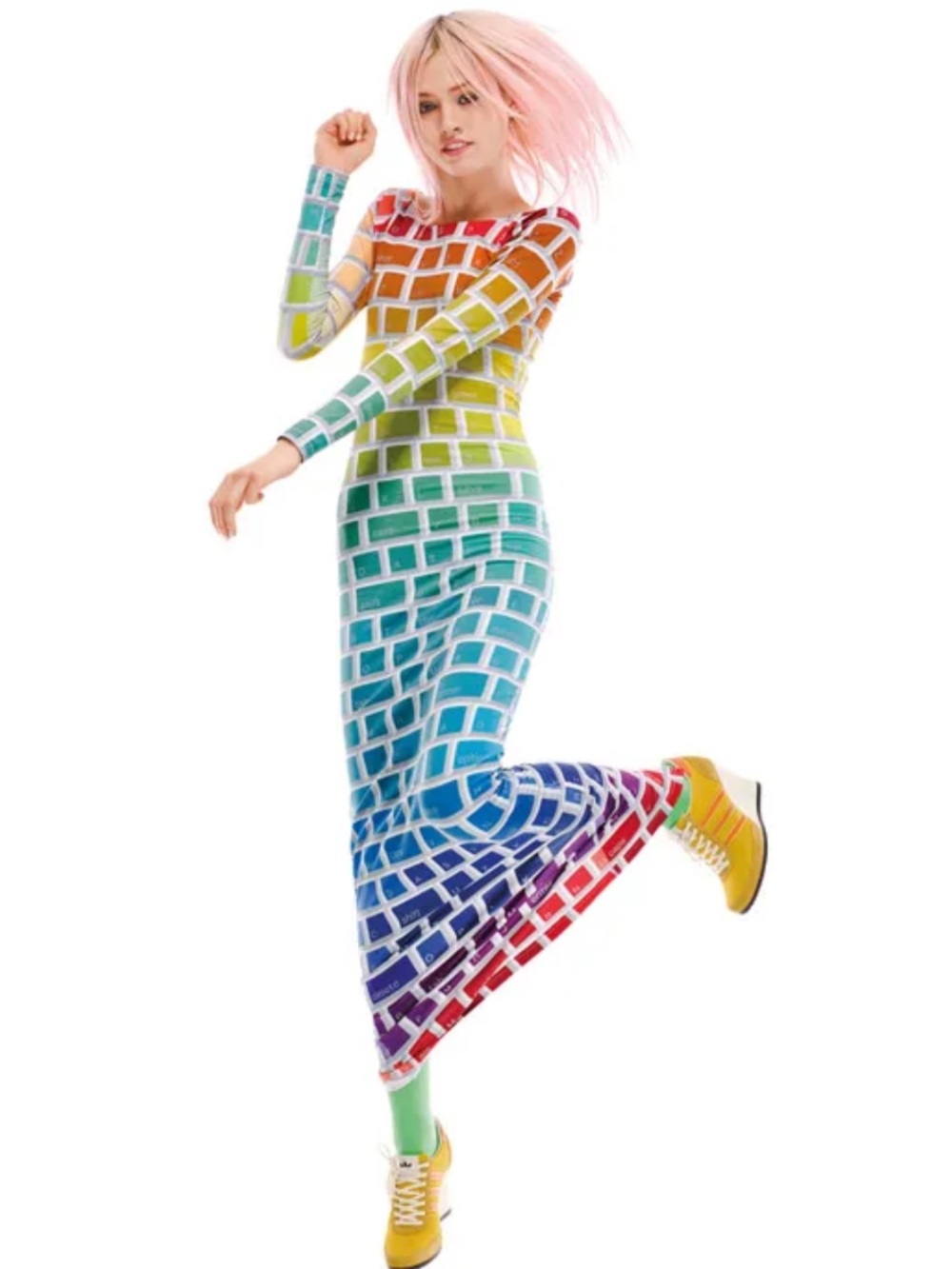Jeremy Scott x Adidas Rainbow Keyboard-Print Long Sleeve Maxi Dress